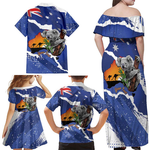Koala Australia Personalised Family Matching Off Shoulder Maxi Dress and Hawaiian Shirt Aussie Map Flag Color Grunge Pattern