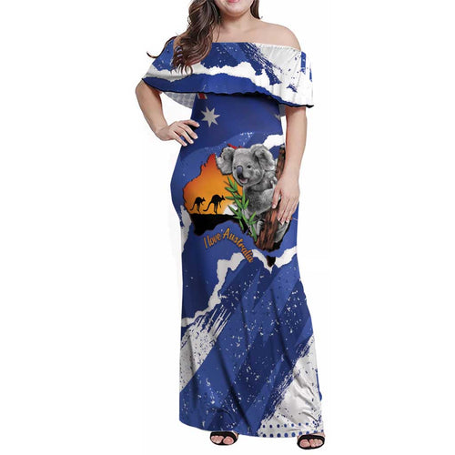 Koala Australia Personalised Family Matching Off Shoulder Maxi Dress and Hawaiian Shirt Aussie Map Flag Color Grunge Pattern