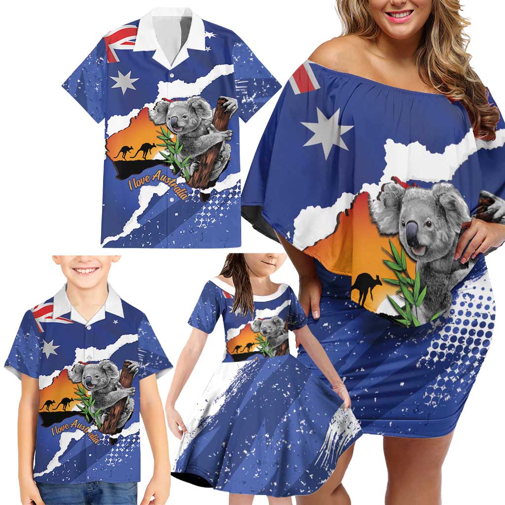 Koala Australia Personalised Family Matching Off Shoulder Short Dress and Hawaiian Shirt Aussie Map Flag Color Grunge Pattern