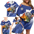 Koala Australia Personalised Family Matching Off Shoulder Short Dress and Hawaiian Shirt Aussie Map Flag Color Grunge Pattern