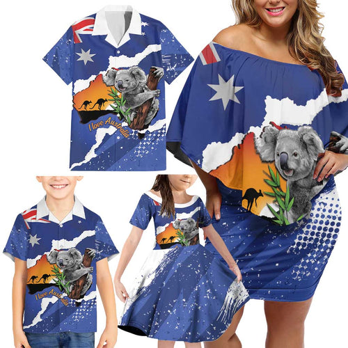 Koala Australia Personalised Family Matching Off Shoulder Short Dress and Hawaiian Shirt Aussie Map Flag Color Grunge Pattern