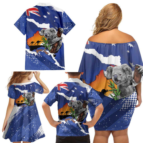 Koala Australia Personalised Family Matching Off Shoulder Short Dress and Hawaiian Shirt Aussie Map Flag Color Grunge Pattern