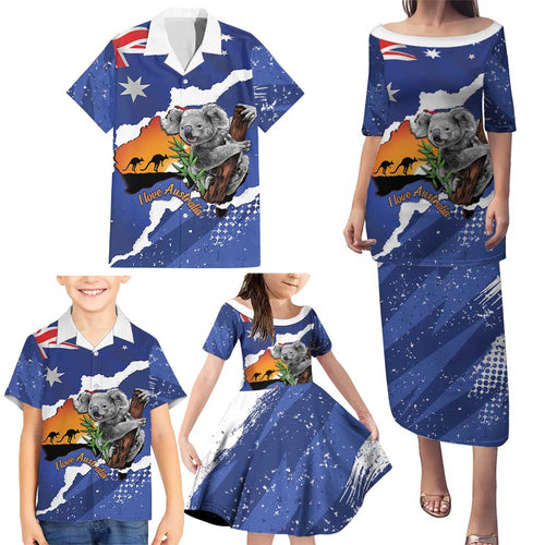 Koala Australia Personalised Family Matching Puletasi and Hawaiian Shirt Aussie Map Flag Color Grunge Pattern