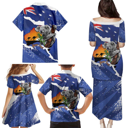 Koala Australia Personalised Family Matching Puletasi and Hawaiian Shirt Aussie Map Flag Color Grunge Pattern
