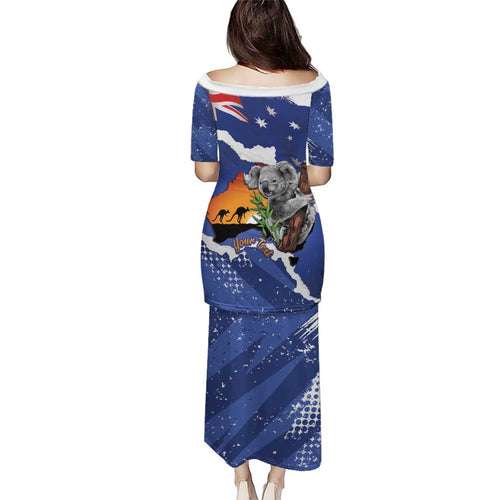 Koala Australia Personalised Family Matching Puletasi and Hawaiian Shirt Aussie Map Flag Color Grunge Pattern