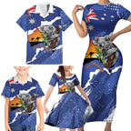 Koala Australia Personalised Family Matching Short Sleeve Bodycon Dress and Hawaiian Shirt Aussie Map Flag Color Grunge Pattern