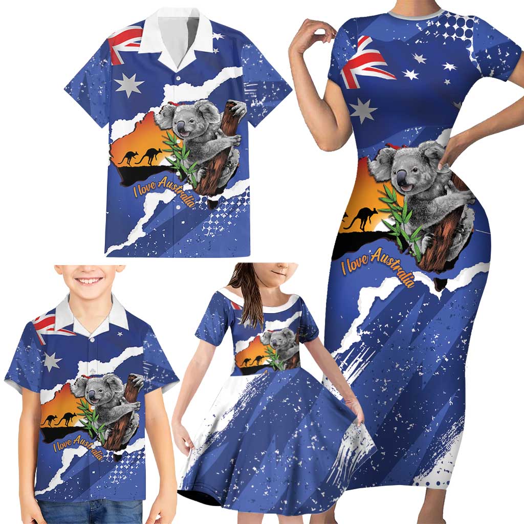 Koala Australia Personalised Family Matching Short Sleeve Bodycon Dress and Hawaiian Shirt Aussie Map Flag Color Grunge Pattern
