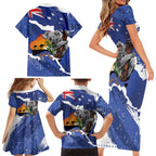 Koala Australia Personalised Family Matching Short Sleeve Bodycon Dress and Hawaiian Shirt Aussie Map Flag Color Grunge Pattern