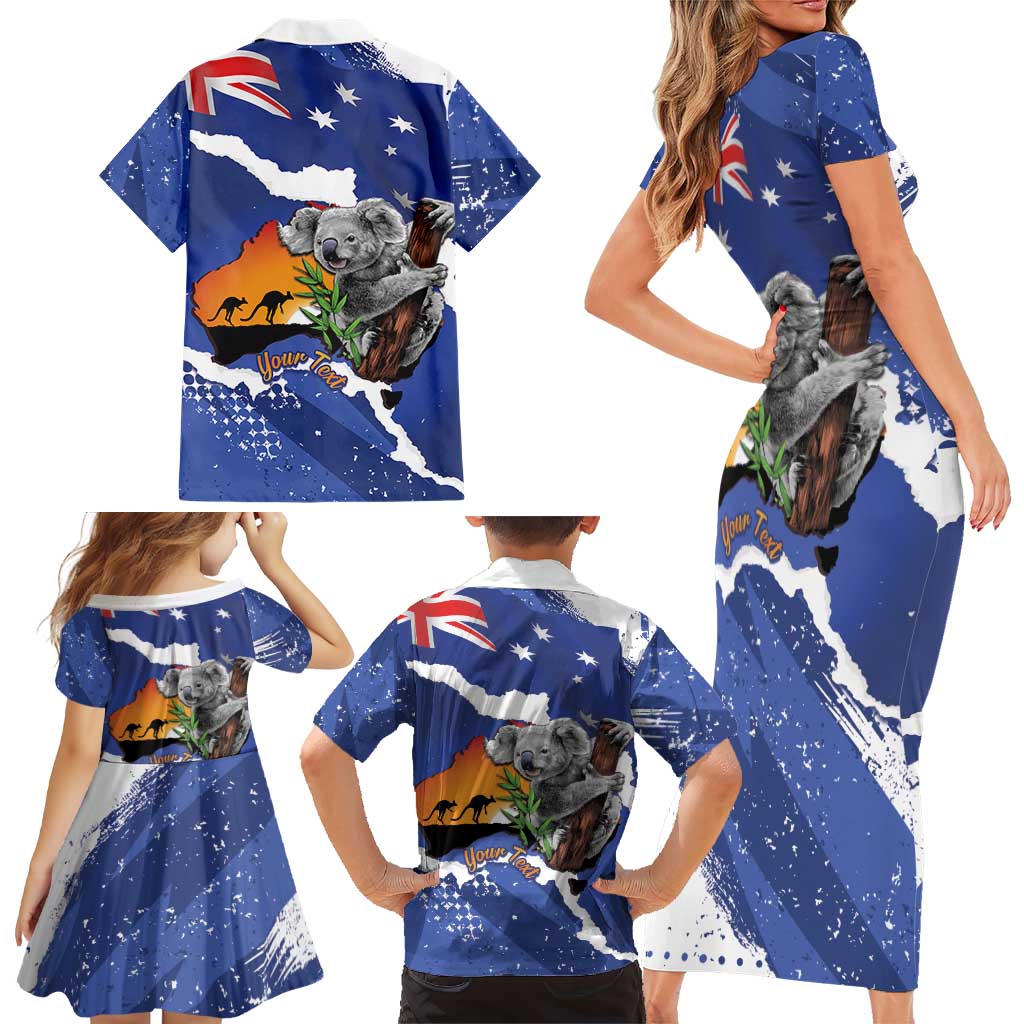 Koala Australia Personalised Family Matching Short Sleeve Bodycon Dress and Hawaiian Shirt Aussie Map Flag Color Grunge Pattern