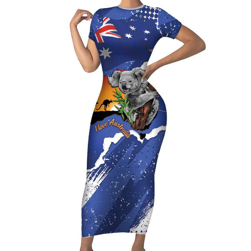 Koala Australia Personalised Family Matching Short Sleeve Bodycon Dress and Hawaiian Shirt Aussie Map Flag Color Grunge Pattern