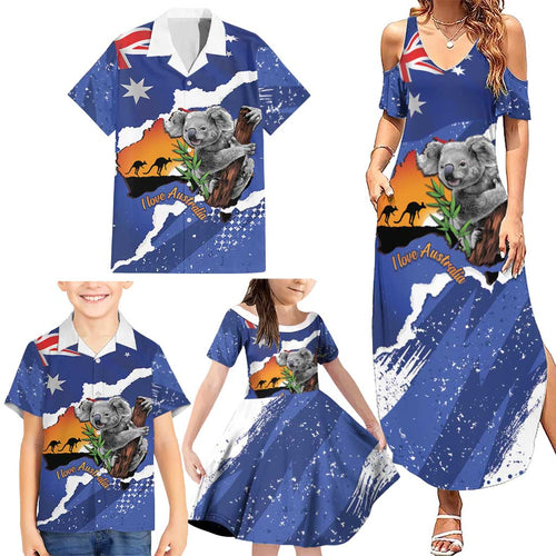 Koala Australia Personalised Family Matching Summer Maxi Dress and Hawaiian Shirt Aussie Map Flag Color Grunge Pattern