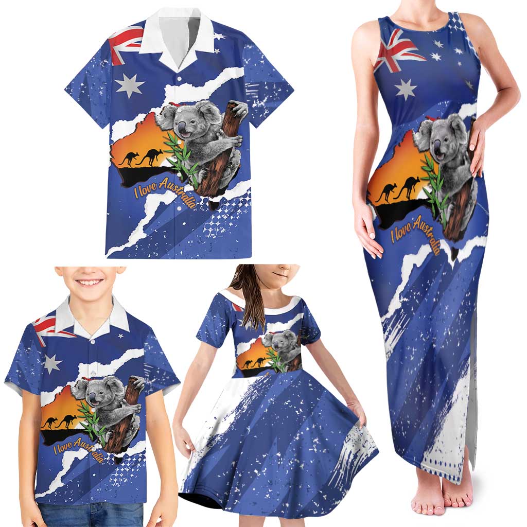 Koala Australia Personalised Family Matching Tank Maxi Dress and Hawaiian Shirt Aussie Map Flag Color Grunge Pattern