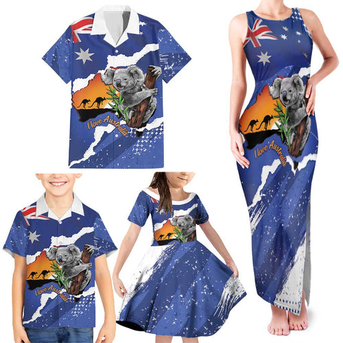 Koala Australia Personalised Family Matching Tank Maxi Dress and Hawaiian Shirt Aussie Map Flag Color Grunge Pattern