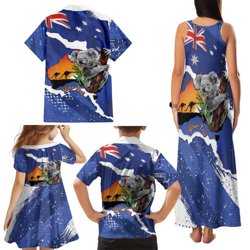 Koala Australia Personalised Family Matching Tank Maxi Dress and Hawaiian Shirt Aussie Map Flag Color Grunge Pattern