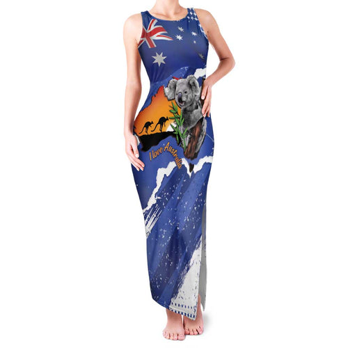 Koala Australia Personalised Family Matching Tank Maxi Dress and Hawaiian Shirt Aussie Map Flag Color Grunge Pattern