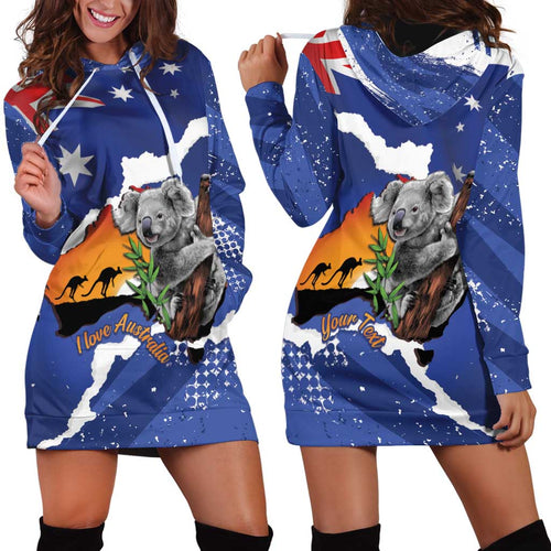 Koala Australia Personalised Hoodie Dress Aussie Map Flag Color Grunge Pattern