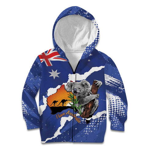 Koala Australia Personalised Kid Hoodie Aussie Map Flag Color Grunge Pattern