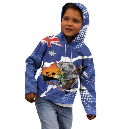 Koala Australia Personalised Kid Hoodie Aussie Map Flag Color Grunge Pattern
