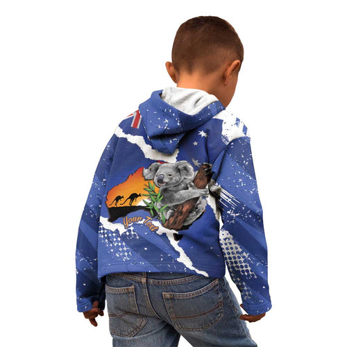 Koala Australia Personalised Kid Hoodie Aussie Map Flag Color Grunge Pattern