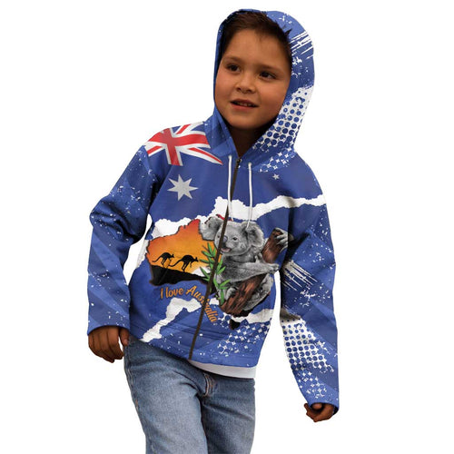 Koala Australia Personalised Kid Hoodie Aussie Map Flag Color Grunge Pattern