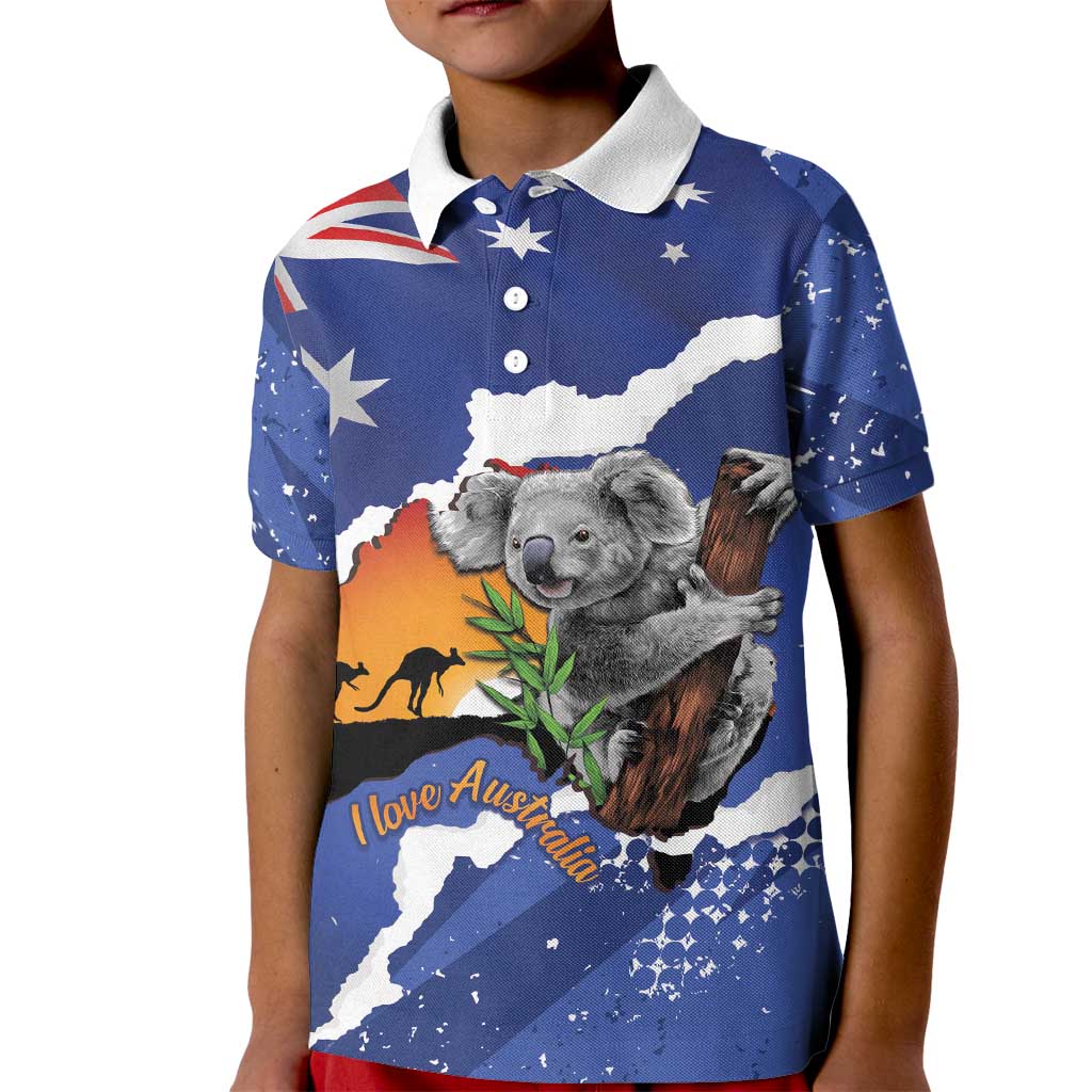 Koala Australia Personalised Kid Polo Shirt Aussie Map Flag Color Grunge Pattern