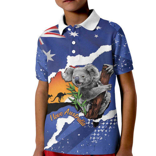 Koala Australia Personalised Kid Polo Shirt Aussie Map Flag Color Grunge Pattern
