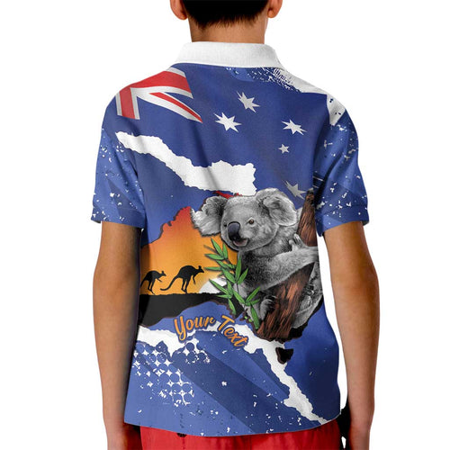 Koala Australia Personalised Kid Polo Shirt Aussie Map Flag Color Grunge Pattern