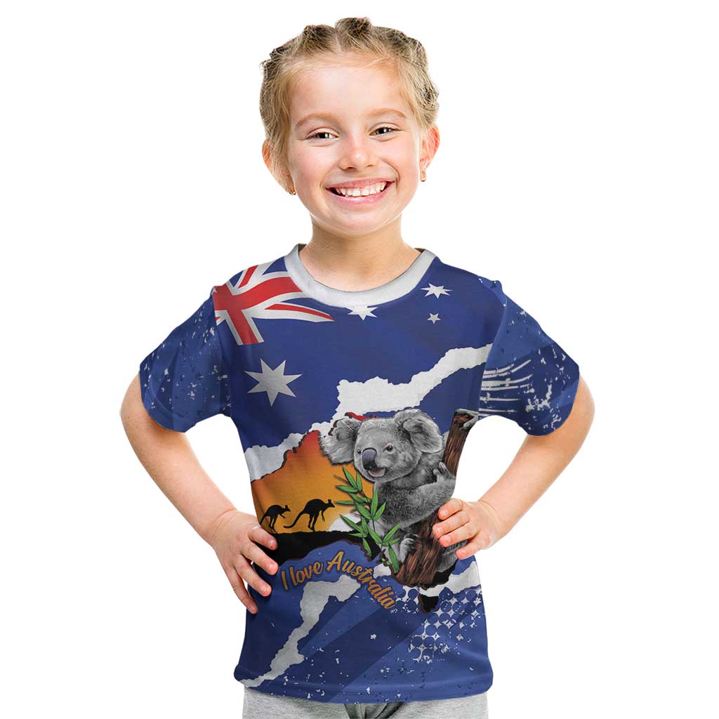 Koala Australia Personalised Kid T Shirt Aussie Map Flag Color Grunge Pattern