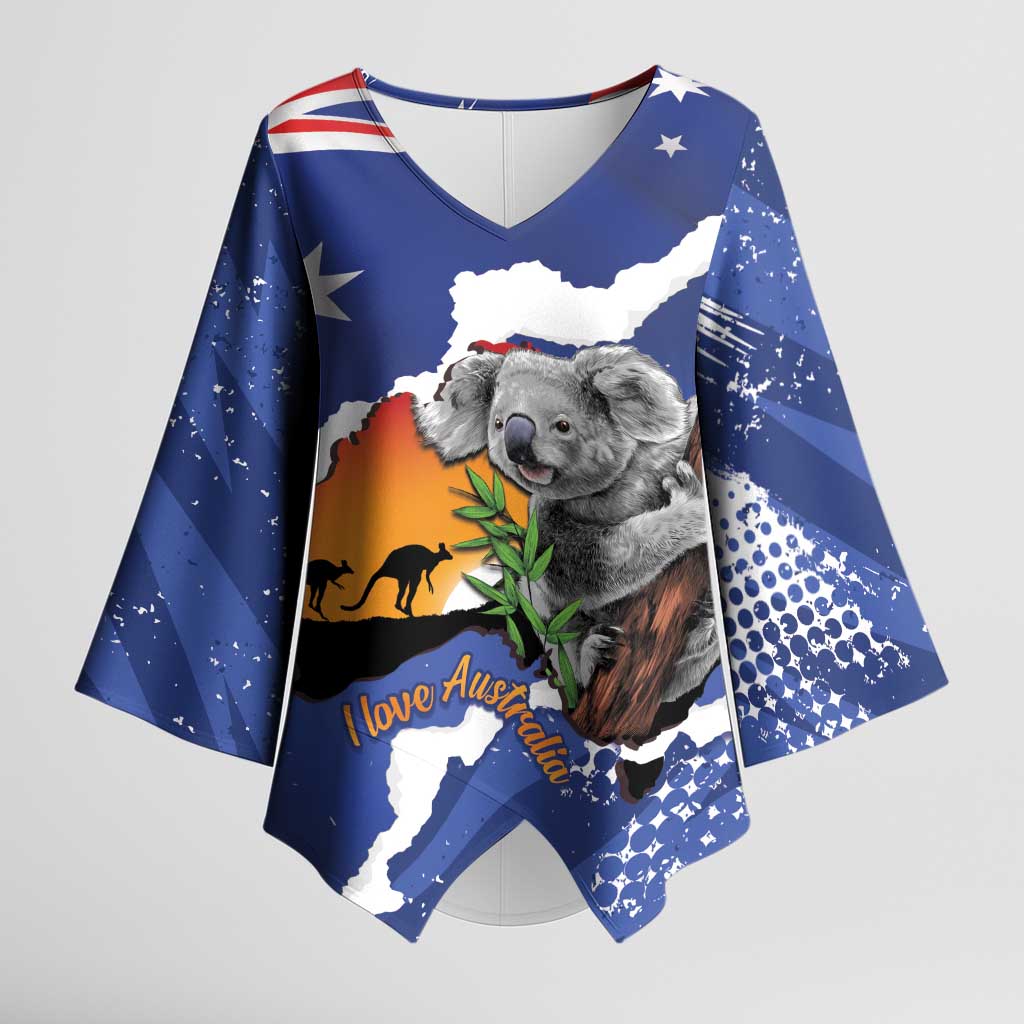 Koala Australia Personalised Kimono Sleeve Blouse Aussie Map Flag Color Grunge Pattern