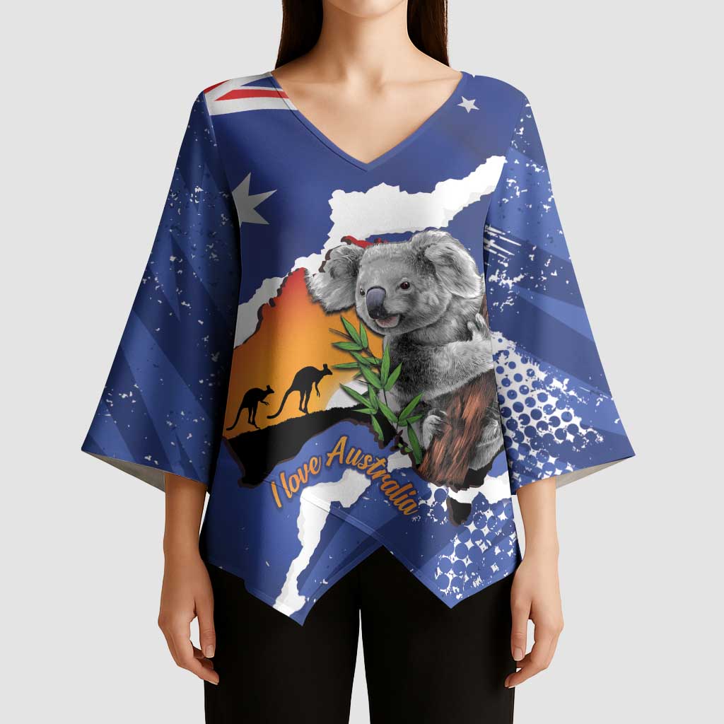 Koala Australia Personalised Kimono Sleeve Blouse Aussie Map Flag Color Grunge Pattern