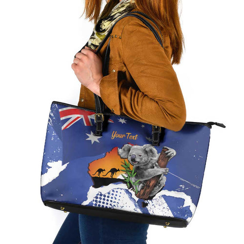 Koala Australia Personalised Leather Tote Bag Aussie Map Flag Color Grunge Pattern