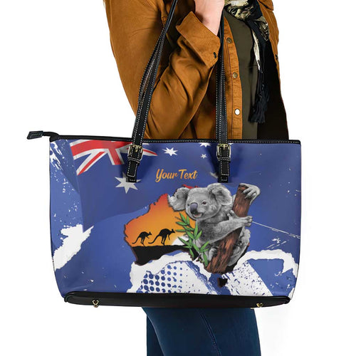 Koala Australia Personalised Leather Tote Bag Aussie Map Flag Color Grunge Pattern