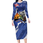 Koala Australia Personalised Long Sleeve Bodycon Dress Aussie Map Flag Color Grunge Pattern