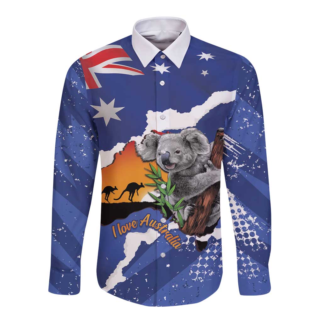 Koala Australia Personalised Long Sleeve Button Shirt Aussie Map Flag Color Grunge Pattern