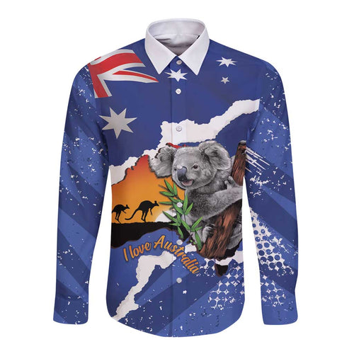 Koala Australia Personalised Long Sleeve Button Shirt Aussie Map Flag Color Grunge Pattern
