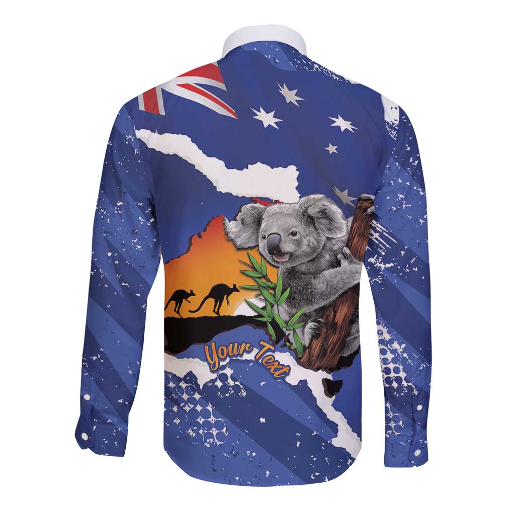 Koala Australia Personalised Long Sleeve Button Shirt Aussie Map Flag Color Grunge Pattern