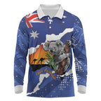 Koala Australia Personalised Long Sleeve Polo Shirt Aussie Map Flag Color Grunge Pattern