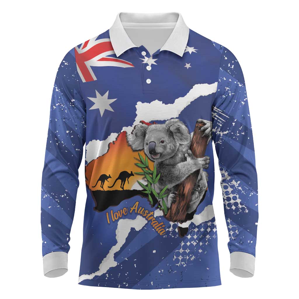 Koala Australia Personalised Long Sleeve Polo Shirt Aussie Map Flag Color Grunge Pattern