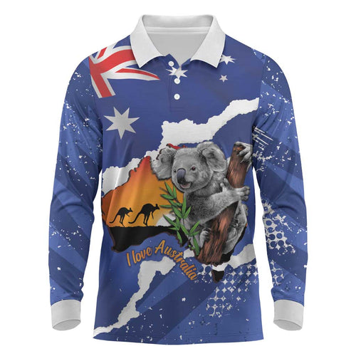 Koala Australia Personalised Long Sleeve Polo Shirt Aussie Map Flag Color Grunge Pattern