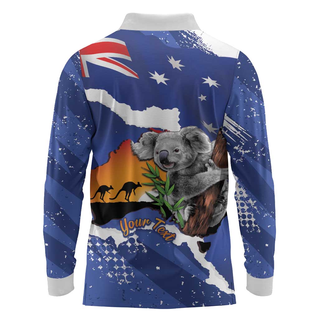 Koala Australia Personalised Long Sleeve Polo Shirt Aussie Map Flag Color Grunge Pattern
