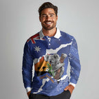 Koala Australia Personalised Long Sleeve Polo Shirt Aussie Map Flag Color Grunge Pattern