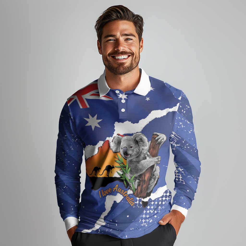 Koala Australia Personalised Long Sleeve Polo Shirt Aussie Map Flag Color Grunge Pattern