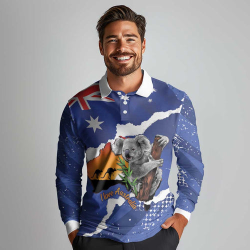 Koala Australia Personalised Long Sleeve Polo Shirt Aussie Map Flag Color Grunge Pattern