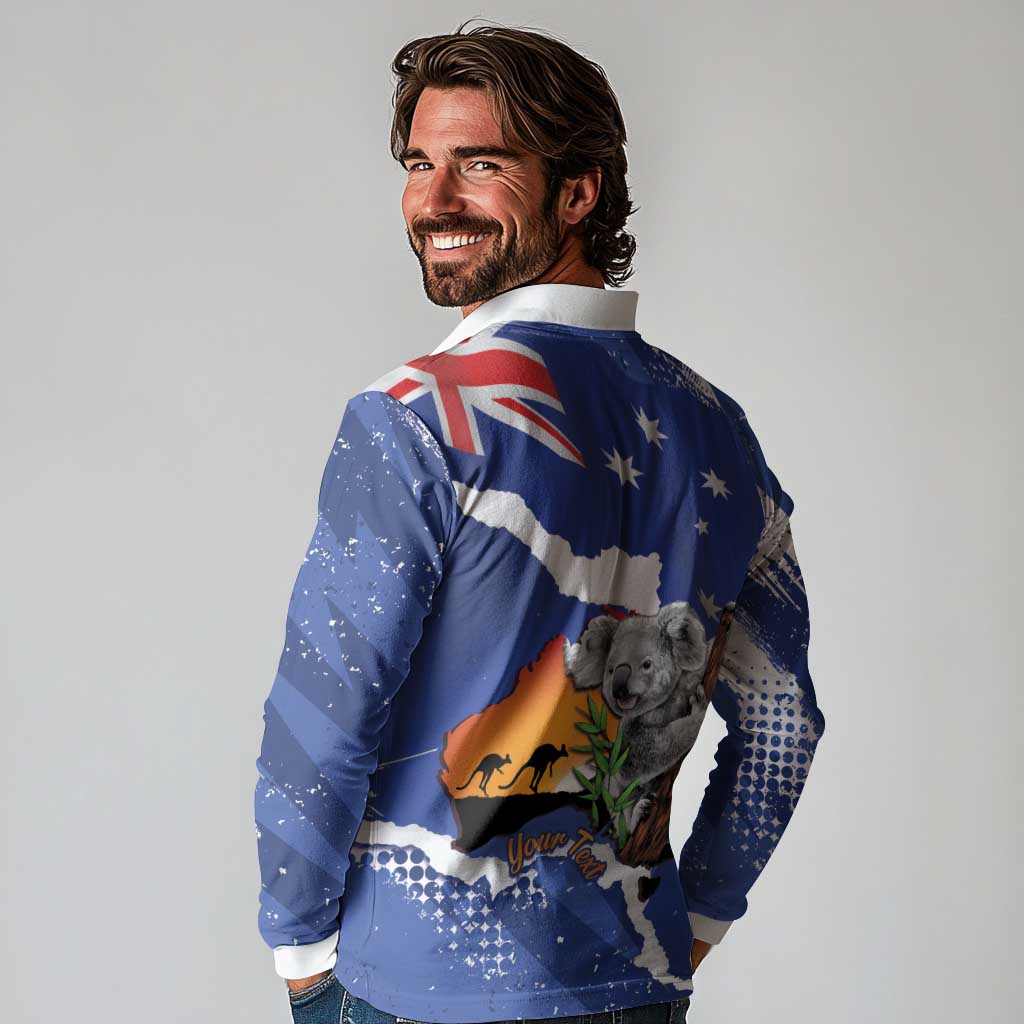 Koala Australia Personalised Long Sleeve Polo Shirt Aussie Map Flag Color Grunge Pattern