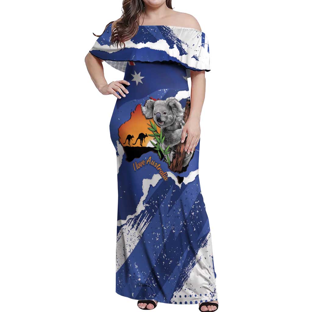Koala Australia Personalised Off Shoulder Maxi Dress Aussie Map Flag Color Grunge Pattern