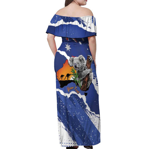 Koala Australia Personalised Off Shoulder Maxi Dress Aussie Map Flag Color Grunge Pattern
