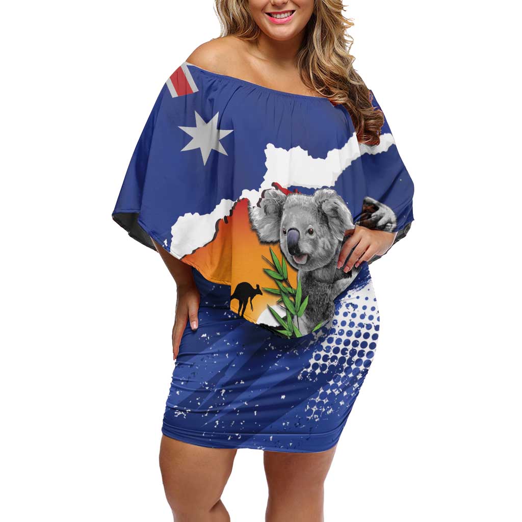 Koala Australia Personalised Off Shoulder Short Dress Aussie Map Flag Color Grunge Pattern