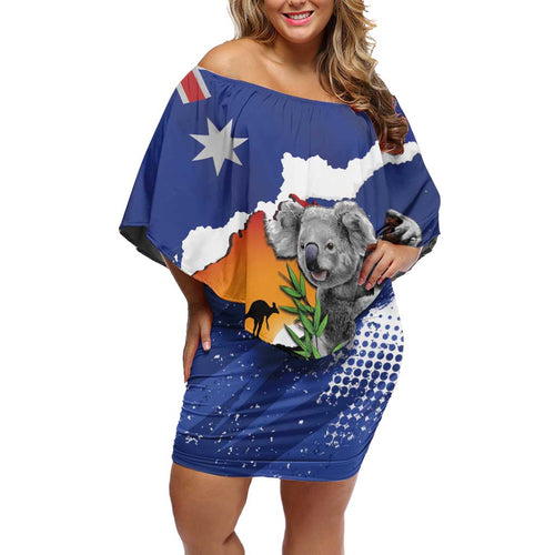 Koala Australia Personalised Off Shoulder Short Dress Aussie Map Flag Color Grunge Pattern
