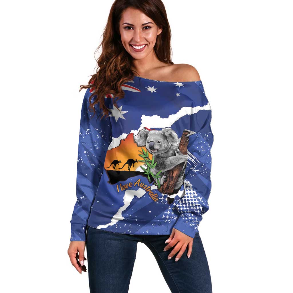 Koala Australia Personalised Off Shoulder Sweater Aussie Map Flag Color Grunge Pattern