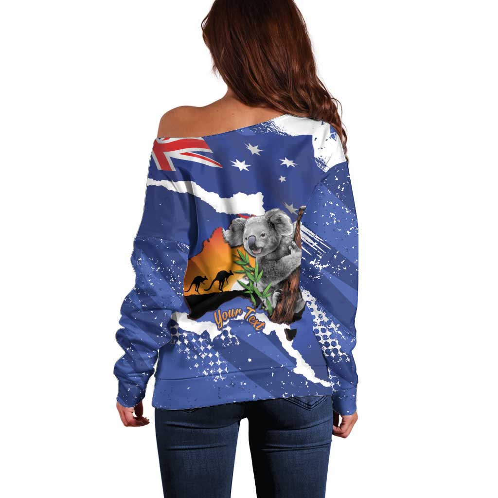 Koala Australia Personalised Off Shoulder Sweater Aussie Map Flag Color Grunge Pattern